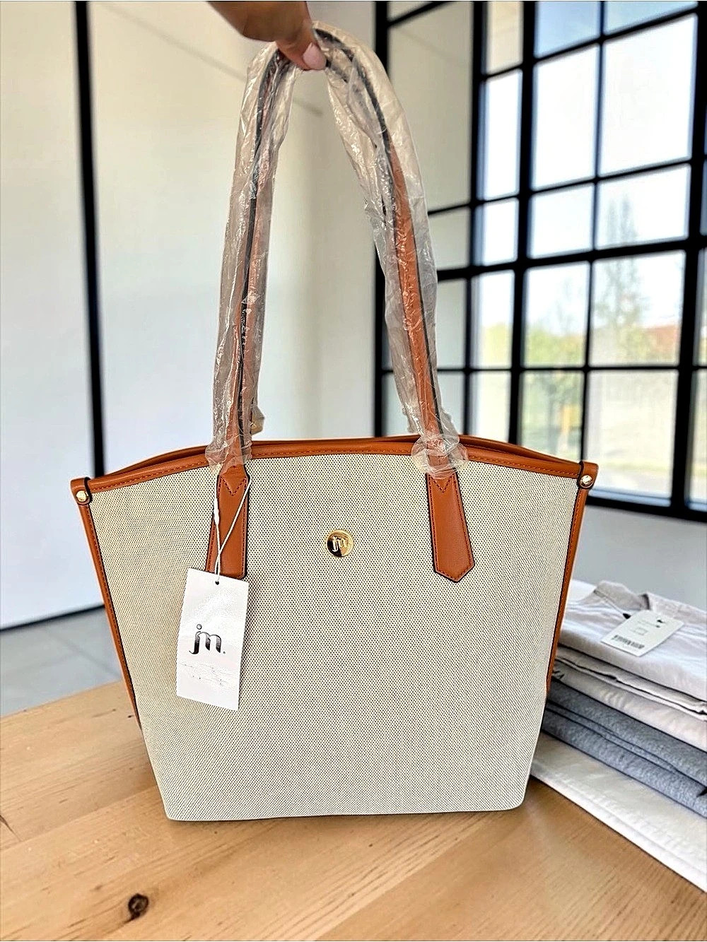 JM New York Striped Tote in Beige & Brown NWT